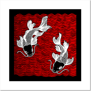 Double Koi Fish Great Wave Tattoo Posters and Art